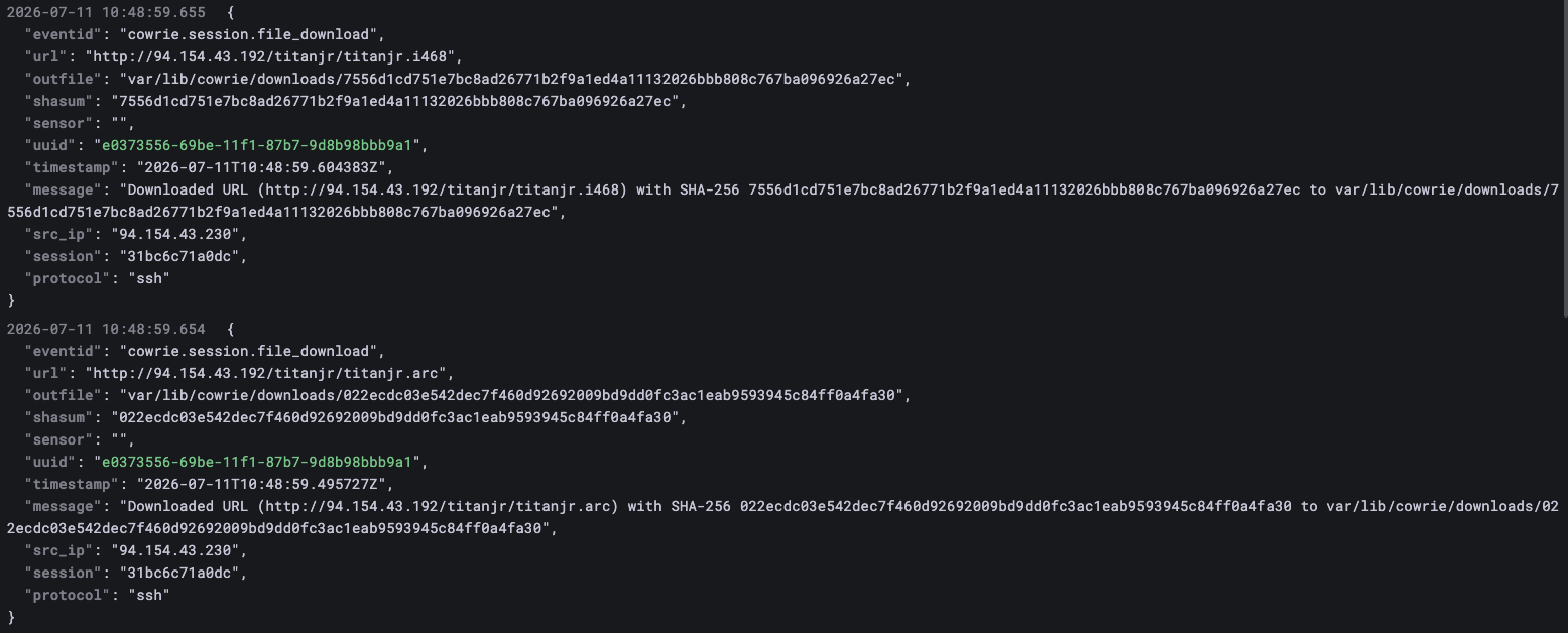 Cowrie session.file_download — titanjr.arc and titanjr.i468